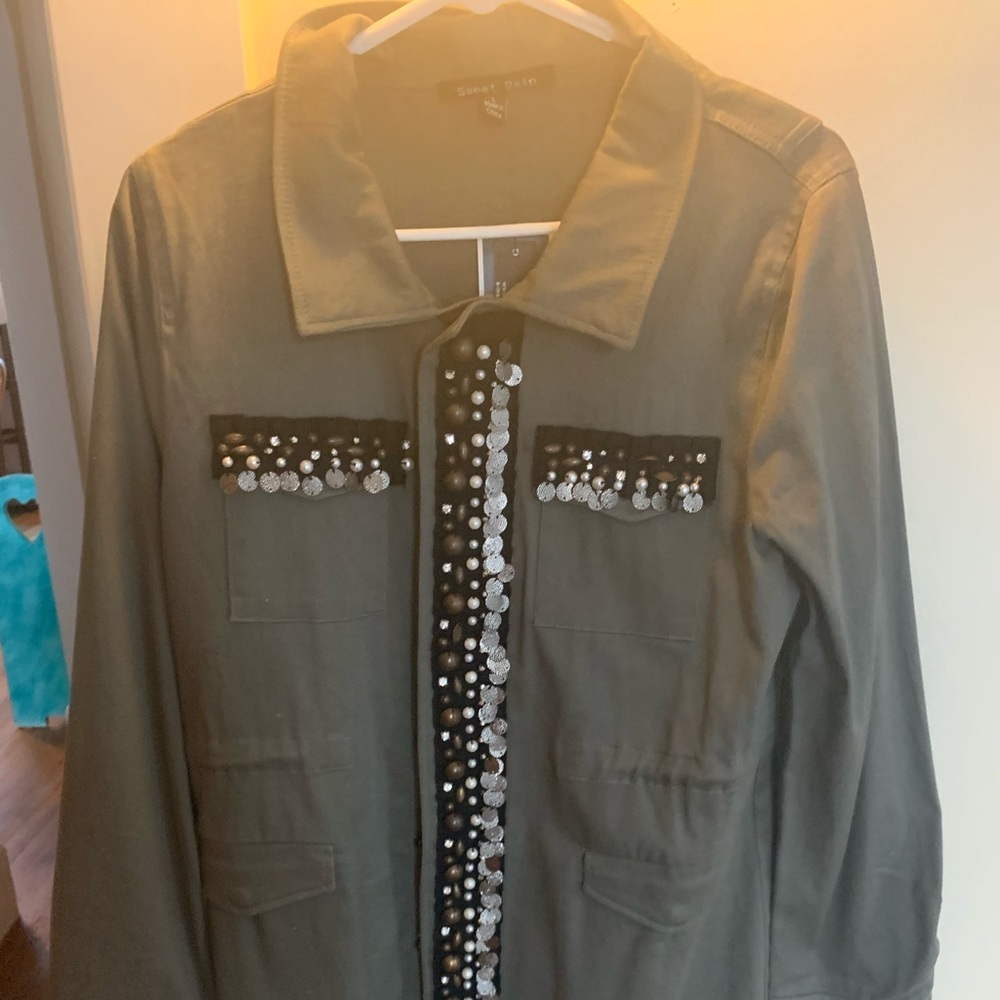 green embellished coat